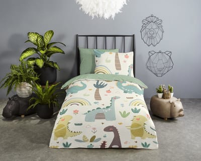 Good Morning dekbedovertrek vrolijke dinos - Ledikant/ baby 100x135 cm - Groen - 100% Katoen renforc�