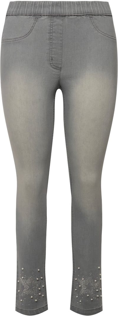 MIAMODA - Dames - 7/8 jegging slim fit ster en parels bij de zoom - Lichtgrijs denim - Maat 44