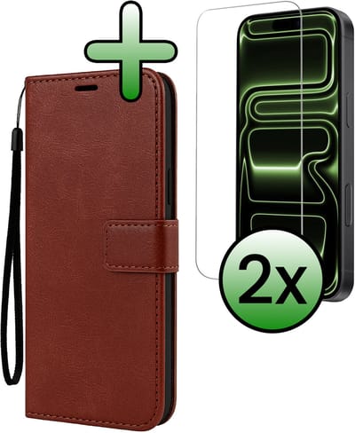 Hoesje Met 2x Screenprotector - Geschikt voor iPhone 17 Pro / 18 Pro - Luxe Pasjeshouder - Bookcase Portemonee - Flip Case - Kunstleer Book Case - Flipcase Hoes - Book Cover - Walletcase - Portemonneehoes - Bruin