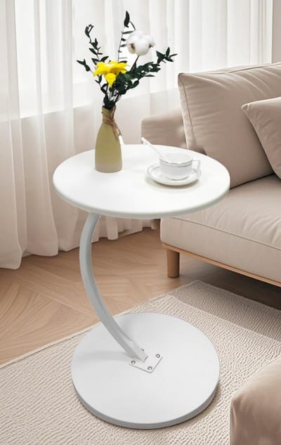 Ronde Bijzettafel Hout Wit met C-Vormige Steun - 40 cm Diameter voor Woonkamer