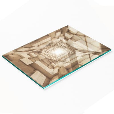 Glazen keukensnijplank met grafische houten tunnel 80x52 cm