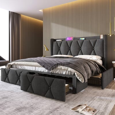 Gestoffeerd tweepersoonsbed met 4 lades en USB - Voor gezin en logeerkamer 140x200 cm - Grijs - 4 opberglades - Geïntegreerd USB-laadstation - Stevig frame met houten lattenbodem
