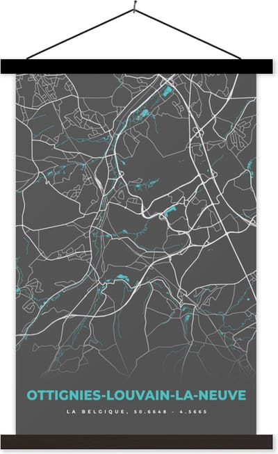 Posterhanger incl. Poster 40x60 cm - Schoolplaat - België – Ottignies Louvain la Neuve – Stadskaart – Kaart – Blauw – Plattegrond - Textielposter - Zwarte latten - Stadskaart
