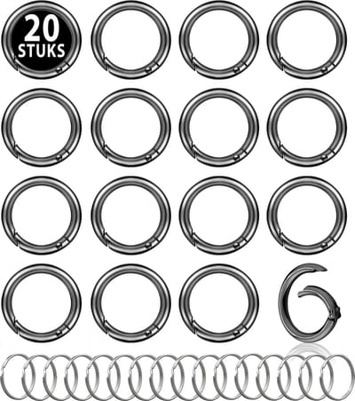 20 Stuks Ronde Karabijnhaak met 20 Sleutelringen - Musketonhaak Sleutelhangers voor Volwassenen - Mini Musketon en ringetjes - Auto Klein Carabiner Sleutel Hanger, Houder - Karabijn haak ringen - Keychain Karabijnsluiting - Klikringen - Zwart