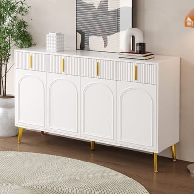 Dressoir 140x37,8x82 cm – 4 deuren, 4 lades met gouden handgrepen en poten, uitneembaar laminat, geschikt voor woonkamer & eetkamer