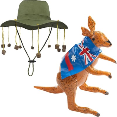 Volwassen Australische kurk hoed en opblaasbare kangoeroe kostuumset voor feesten, themafeesten en carnaval
