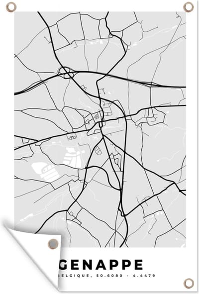Muurdecoratie Stadskaart – Plattegrond – België – Zwart Wit – Genappe – Kaart - 120x180 cm - Tuinposter - Tuindoek