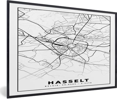 Fotolijst incl. Poster Zwart Wit- Stadskaart – Plattegrond – België – Zwart Wit – Hasselt – Kaart - 60x40 cm - Posterlijst