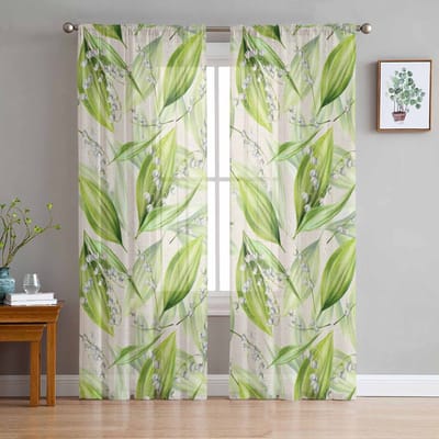 Lelietje-van-dalen Blad Plant Tule Raamgordijnen voor Slaapkamer Luxe Huisdecoratie Gordijnen in Woonkamer Chiffon Panelen 135W x 114H(cm) beige