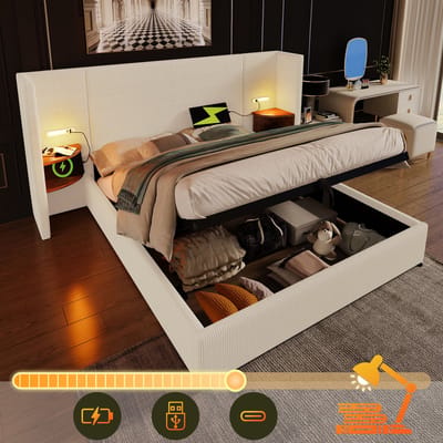 DESMIU Gestoffeerd Bed 160x200 cm – Met Leeslamp En Oplaadfunctie – Hydraulische Opbergruimte In Hoofdbord – Voor Slaapkamer – Cordstof – Beige-Wit – Zonder Matras