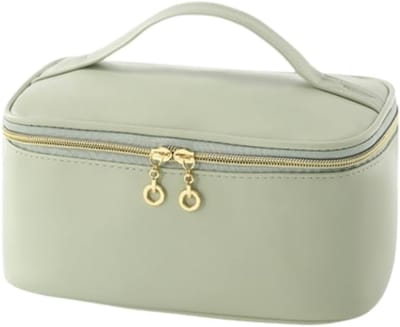 Grote Cosmetica Tas Dames – Multifunctionele Waterdichte Make-up Tas van PU Leer, Draagbare Reis Organizer met Uitneembaar Vak, Groen