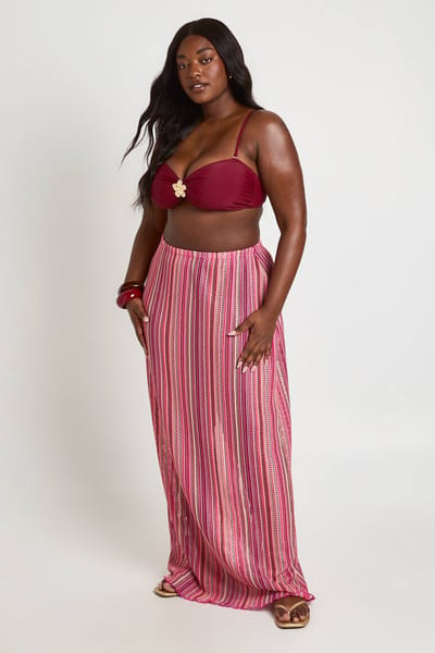 boohoo Dames Plus Gebreide Gestreepte Maxi Rok | Roze | Maat: 50