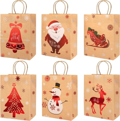 Herbruikbare kerstcadeauzakjes van kraftpapier voor kerstfeest - 24 stuks, diverse stijlen