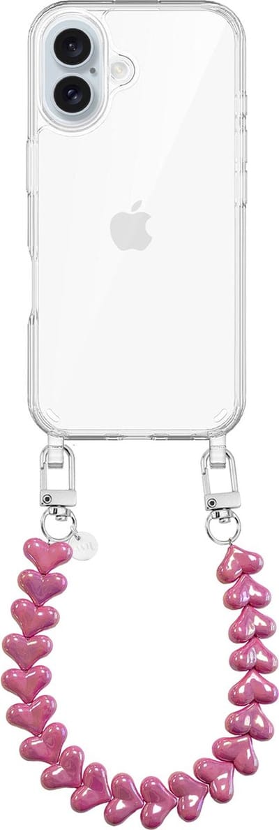 xoxo Wildhearts siliconen hoesje geschikt voor iPhone 16 Plus hoesje - Funky Hearts - Telefoonhoesje - Hoesje met koord - Metallic Roze (Donkerroze) koord - kort telefoonkoord - Hartjes ketting - Transparant hoesje