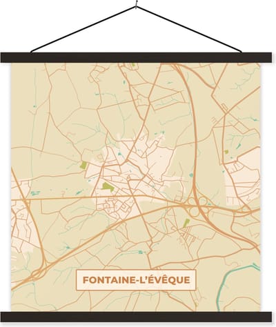 Posterhanger incl. Poster 60x60 cm - Schoolplaat - Vintage - Fontaine-L'Évêque - Kaart - Plattegrond - Stadskaart - Textielposter - Zwarte latten - Stadskaart