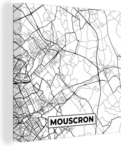 Canvas Schilderij Stadskaart – Plattegrond – België – Zwart Wit – Mouscron – Kaart - 20x20 cm - Wanddecoratie