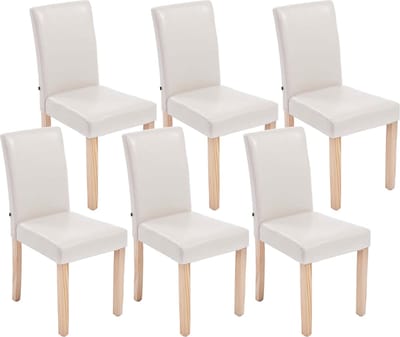 CLP Ina Set van 6 Eetkamerstoelen - Zonder armleuning - Hout - Kunstleer - creme natura