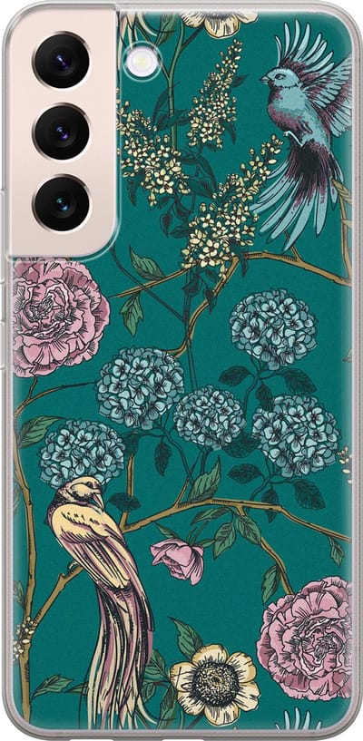 Hoesje geschikt voor Samsung Galaxy S22+ - Vogels Japanse bloemen - Soft Case - TPU - Bloemen - Groen - Mooie Telefoonhoesjes
