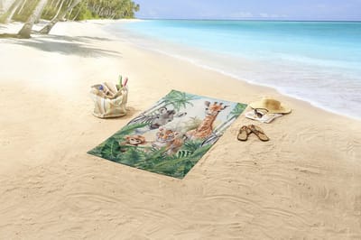 Strandlaken voor Kinderen 75x150 cm - Jungle Dieren Print - Zebra, Giraffe, Tijger, Aap - Multi - Oeko-Tex Gecertificeerd - Good Morning