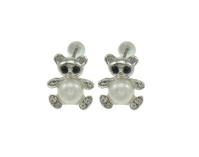 Zoetwater parel oorbellen Pearl Bear W - oorstekers - echte parels - wit - beer - stras steentjes - luxe sieraden zakje - parel oorbellen meisje