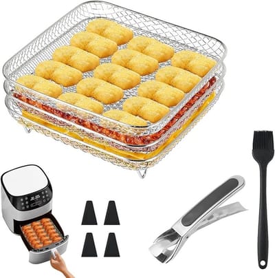 13-delige Airfryer Accessoireset – 20 cm Vierkant RVS 304, Drie Lagen Roosters