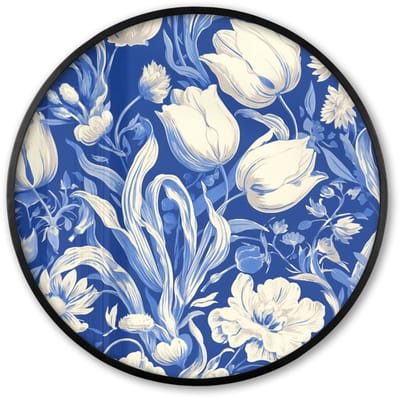 Poster in lijst Rond - Fotolijst 60x60 cm - Posters - Bloemen - Delfts Blauw - Patroon - Tulp - Ronde posterlijst zwart - Decoratie - Wanddecoratie woonkamer - Muurdecoratie slaapkamer