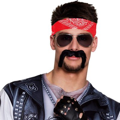 Funny Fashion Carnaval verkleed setje heren Bikers/rockers - Zakdoek bandana rood/handschoenen/snor