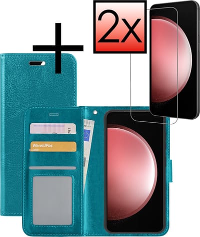 Hoesje - Met 2x Screenprotector - Geschikt voor Samsung Galaxy S23 FE - Luxe Pasjeshouder - Bookcase Portemonee - Flip Case - Kunstleer Book Case - Flipcase Hoes - Book Cover - Walletcase - Portemonneehoes - Turquoise