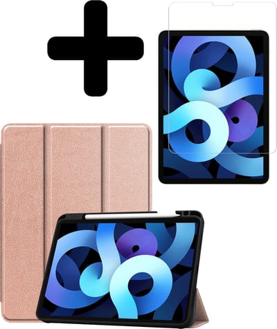 Hoesje - Geschikt voor Apple iPad Air 5 (2022) - 10.9 inch - 5e Generatie - M1 - Met Screenprotector - Trifold Bookcase Hoes - Hard Cover Case - Met Uitsparing Geschikt voor Apple Pencil - Hardcover Book - Tablethoes - Rosé goud