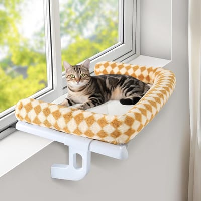 Kat hangmat voor raam en vensterbank - comfortabele kattenbed voor balkon, radiator en bedrand - geschikt voor katten tot 18 kg - 56x38 cm (Bruin, S)