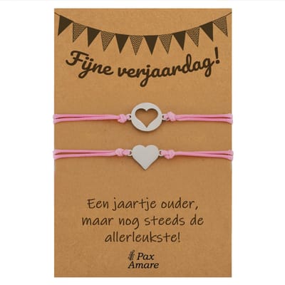 Vriendschapsarmbandjes voor 2 "Fijne Verjaardag" - Omgekeerde Hartjes - BFF Armbandjes met Persoonlijk Cadeau Kaartje - Zilverkleurig & Roze - Elastisch Verstelbaar - Pax Amare