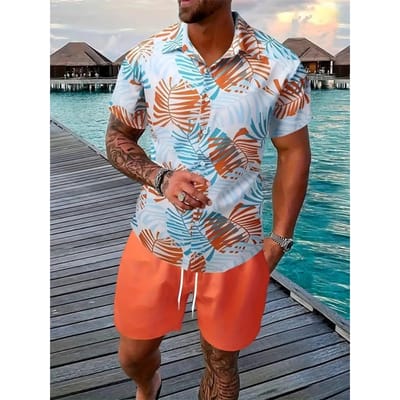 Ensemble Chemise Hawaïenne pour Homme - Ensemble Deux Pièces Chemise à Manches Courtes Imprimée en 3D et Short pour Homme, Ensemble Chemise à Col pour Plage d'Été, Tenue Décontractée Unisexe ... XL