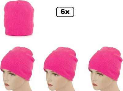6x Muts Beanie neon pink - skater thema feest festival fun optocht beanie