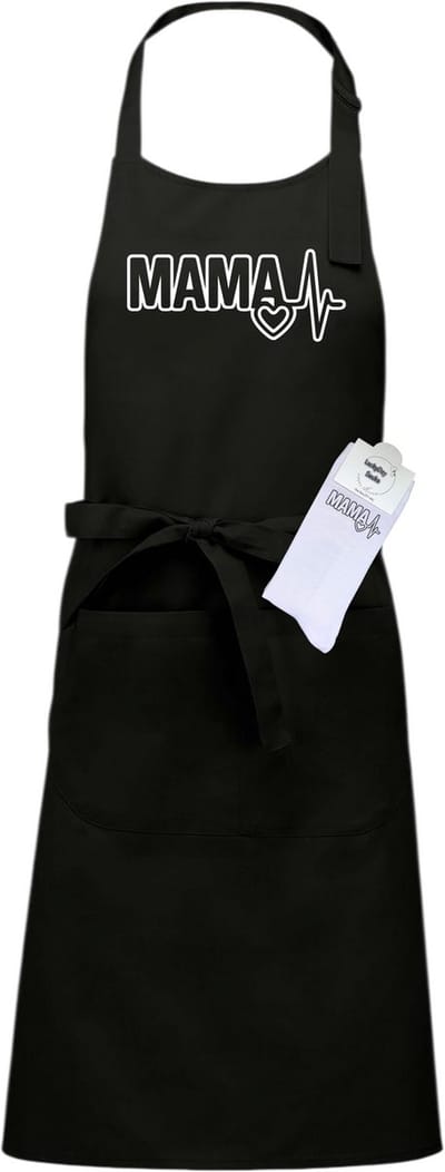 Luxe Keukenschort en sokken met tekst - Cadeau set - Giftset - Mama hartslag - Zwart - Mama Cadeau – Keukenschort met Sokken Set – Liefste Mama Hartslag – Moederdag Cadeau – Grappig & Origineel Cadeau Vrouw – Verstelbaar Schort – Zwart Onesize