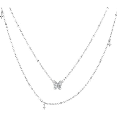 925 Sterling Zilver Dubbellaags Kruis Vlinder Bedel Hanger Ketting Voor Vrouwen Elegante Statement Trouwsieraden zilver