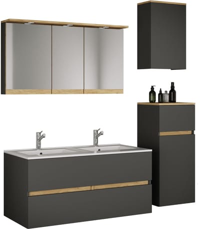 VCM 5-tlg. Doppelwaschtisch Cosila mit Doppel Keramikbecken – Badschrank H. 51 x B. 111 x T. 51 cm mit 2 Softclose-Schubladen, Spiegelschrank mit Beleuchtung & Steckdose, Midi und Hängeschrank, Waschplatz Set Cosila-I