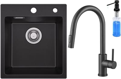 SOFETIY MAX Spoelbak Keuken Zwart 40x45CM - Graniet Spoelbakken Zwart - Enkele Spoelbak Met Keuken Kraan en Zeepdispenser 300ML - Spoelbakken Incl. Sifon en Afvoerzeefje