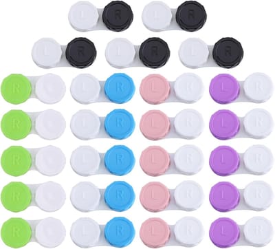 MDUG 25 contactlensdoosjes - Zwart, blauw, paars, groen, roze - Draagbare opbergdoosjes voor contactlenzen - Gescheiden voor linker- en rechteroog - Ruimtebesparend