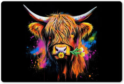 Placemats 45x30 cm - Placemat kunststof - 1 stuk - Schotse Hooglander - Graffiti - Kleurrijk - Bloem - Dieren - Borden onderleggers - Decoratie voor op tafel - Keuken tafeldecoratie accessoires - Vinyl onderlegger - Tafelversiering