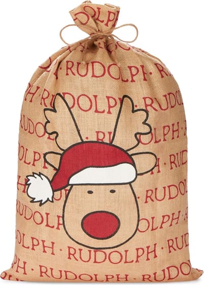 BRUBAKER Kerstzak Rudolph - 80 cm cadeauzak voor Kerstmis - rendier met kerstmuts - kersttas van jute - zak met koord voor het verpakken van geschenken