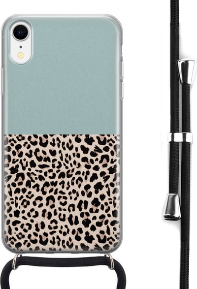 Hoesje met koord - Geschikt voor iPhone XR - Luipaard mint - Verstelbaar zwart koord - Transparant, Blauw - Luipaardprint - Leuke Telefoonhoesjes