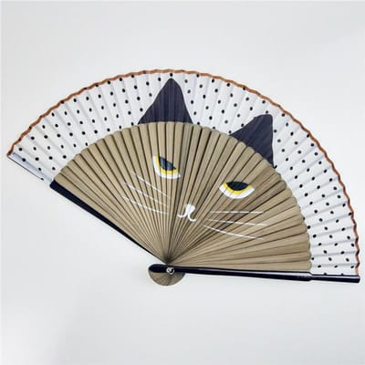 1pc Éventail Pliant en Bambou Motif Chat Style Japonais Femmes Adorable Chaton Dessin Animé Éventails à Main Kimono Peignoir Éventail à Main Artisanat Décor 1pc écorce tannante