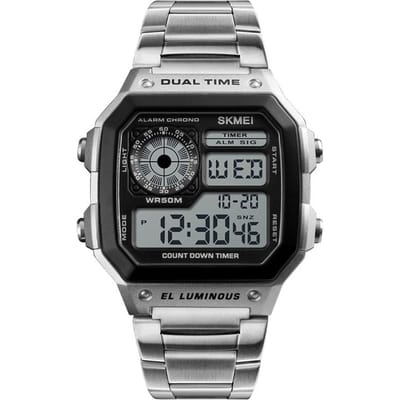 Heren digitaal horloge stopwatch countdown alarm lichtgevend horloge zilver