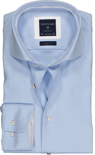 Profuomo slim fit overhemd - 2-ply twill - lichtblauw (contrast) - Strijkvrij - Boordmaat: 45 (EU maat: XXL)