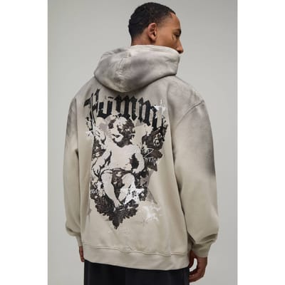 Steenkleurige Oversized Hoodie Met Renaissance-print En Spray Wash | Stone | Size 2XL