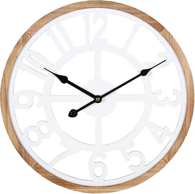 Ostaria Wandklok/muur klok - D40 cm - MDF/hout - wit/bruin - keuken/kamer