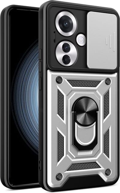MobyDefend Hoesje - Geschikt voor Oppo Reno 11F - Pantsercase Met Draaibare Ring - Zilvergrijs