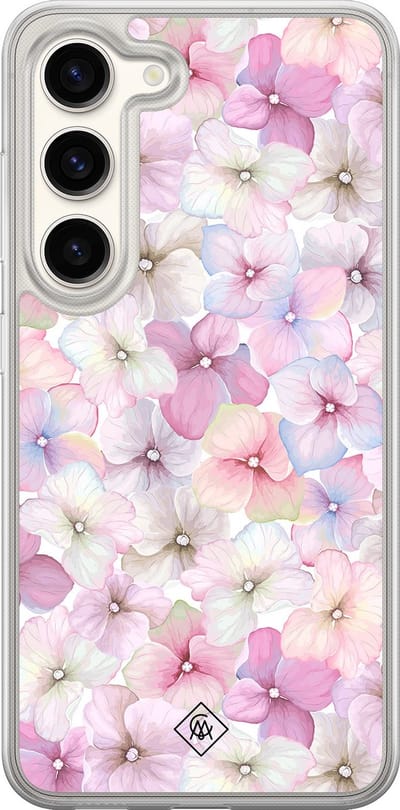 Casimoda® hoesje - Geschikt voor Samsung Galaxy S23 - Floral Hortensia - 2-in-1 case - Schokbestendig - Bloemen - Verhoogde randen - Paars, Transparant