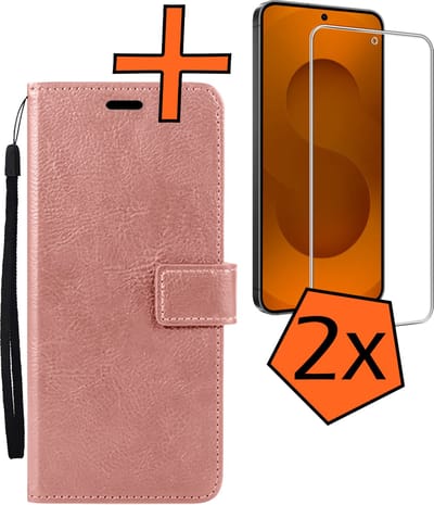 Hoes - Met Screenprotector - Geschikt voor Samsung Galaxy S25 FE - Luxe Pasjeshouder - Bookcase Portemonee - Flip Case - Kunstleer Book Case - Flipcase - Book Cover - Walletcase - PortemonneeHoes - Rosé goud