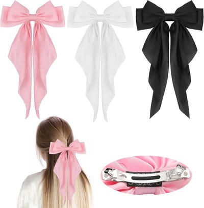 3-delige Haarstrik Set voor Vrouwen met Grote Strik Haarspelden - Satijnen Haaraccessoires voor Bruiloft en Verjaardag - Zwart, Wit, Roze